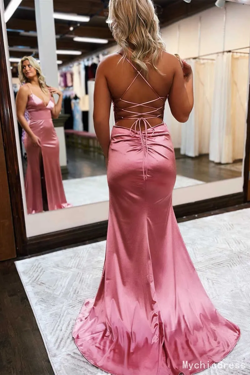 Cheap Satin V-Neck Mermaid Long 2025 Prom Formal Dress Lace-Up Back