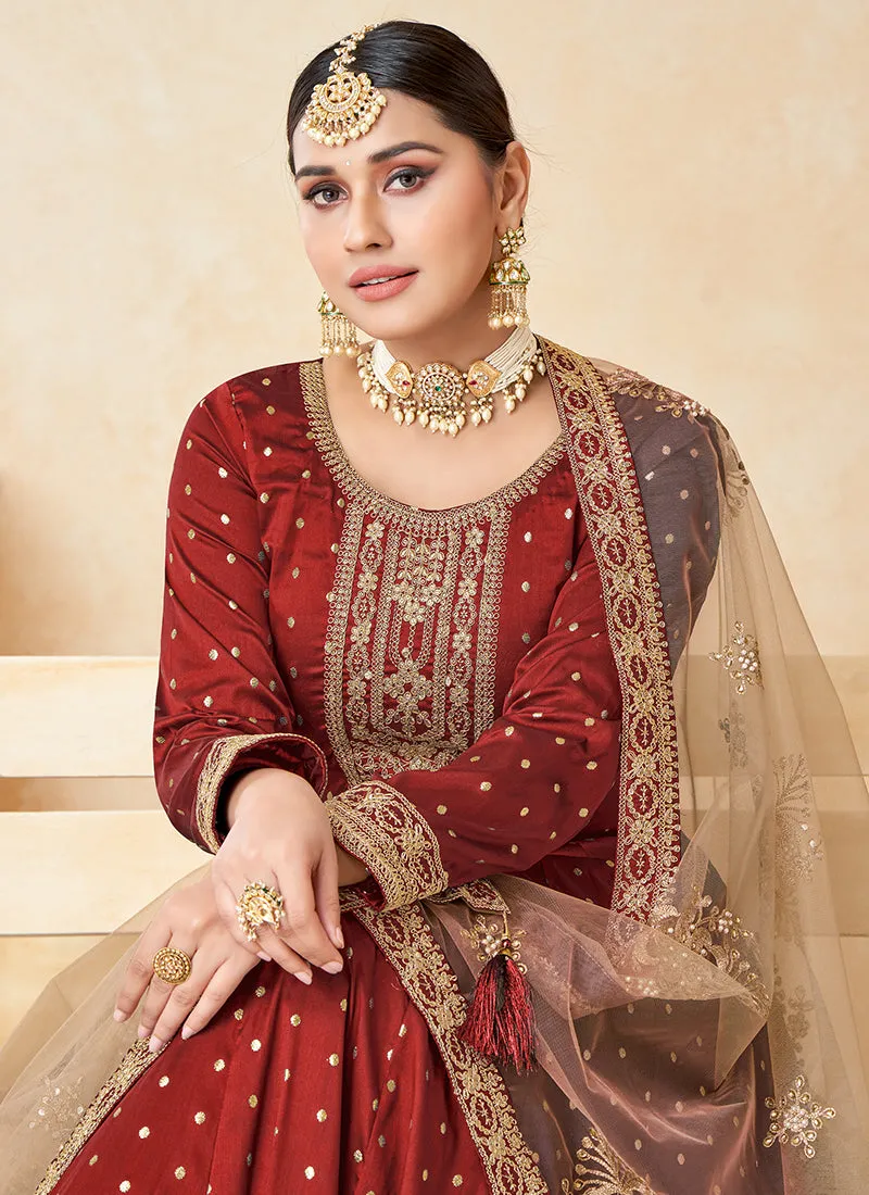 Chilli Red Embroidery Festive Silk Anarkali Suit