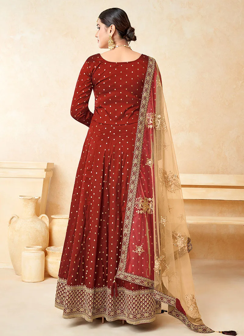 Chilli Red Embroidery Festive Silk Anarkali Suit
