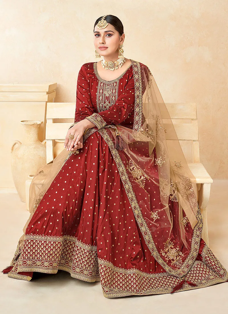 Chilli Red Embroidery Festive Silk Anarkali Suit