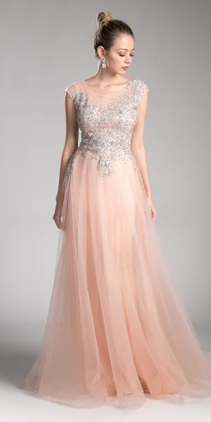Cinderella Divine 8992 Cap Sleeved Illusion Appliqued Long Dress