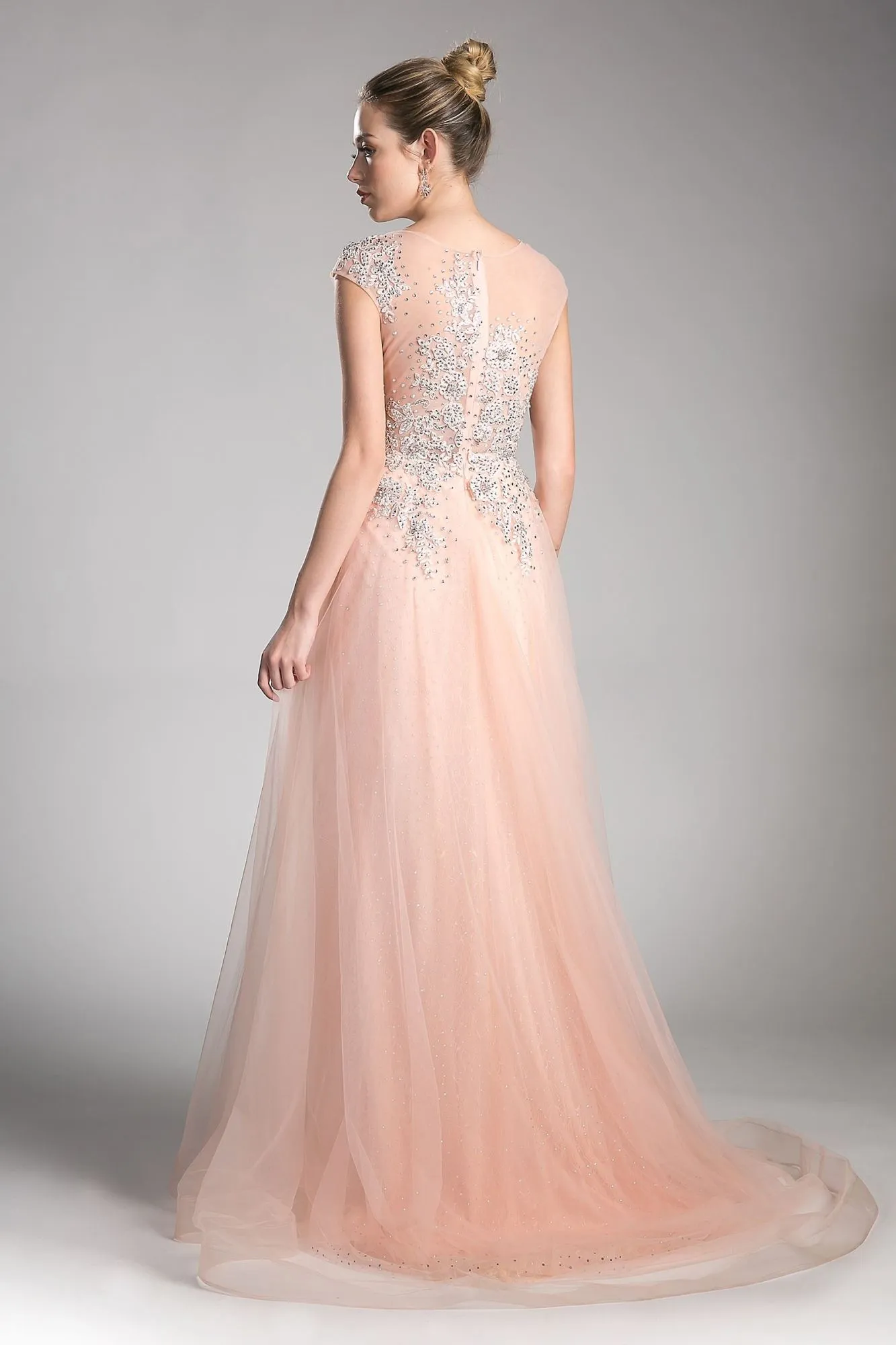 Cinderella Divine 8992 Cap Sleeved Illusion Appliqued Long Dress
