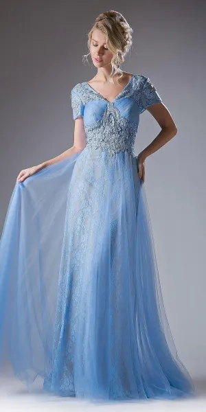 Cinderella Divine CD004 Long Dress Short Sleeves Appliqued Bodice Keyhole Back