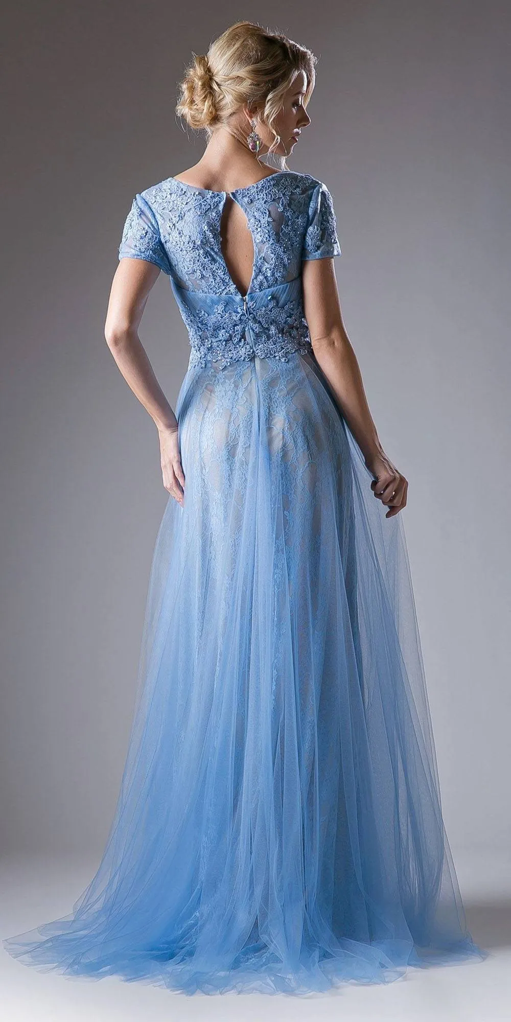Cinderella Divine CD004 Long Dress Short Sleeves Appliqued Bodice Keyhole Back