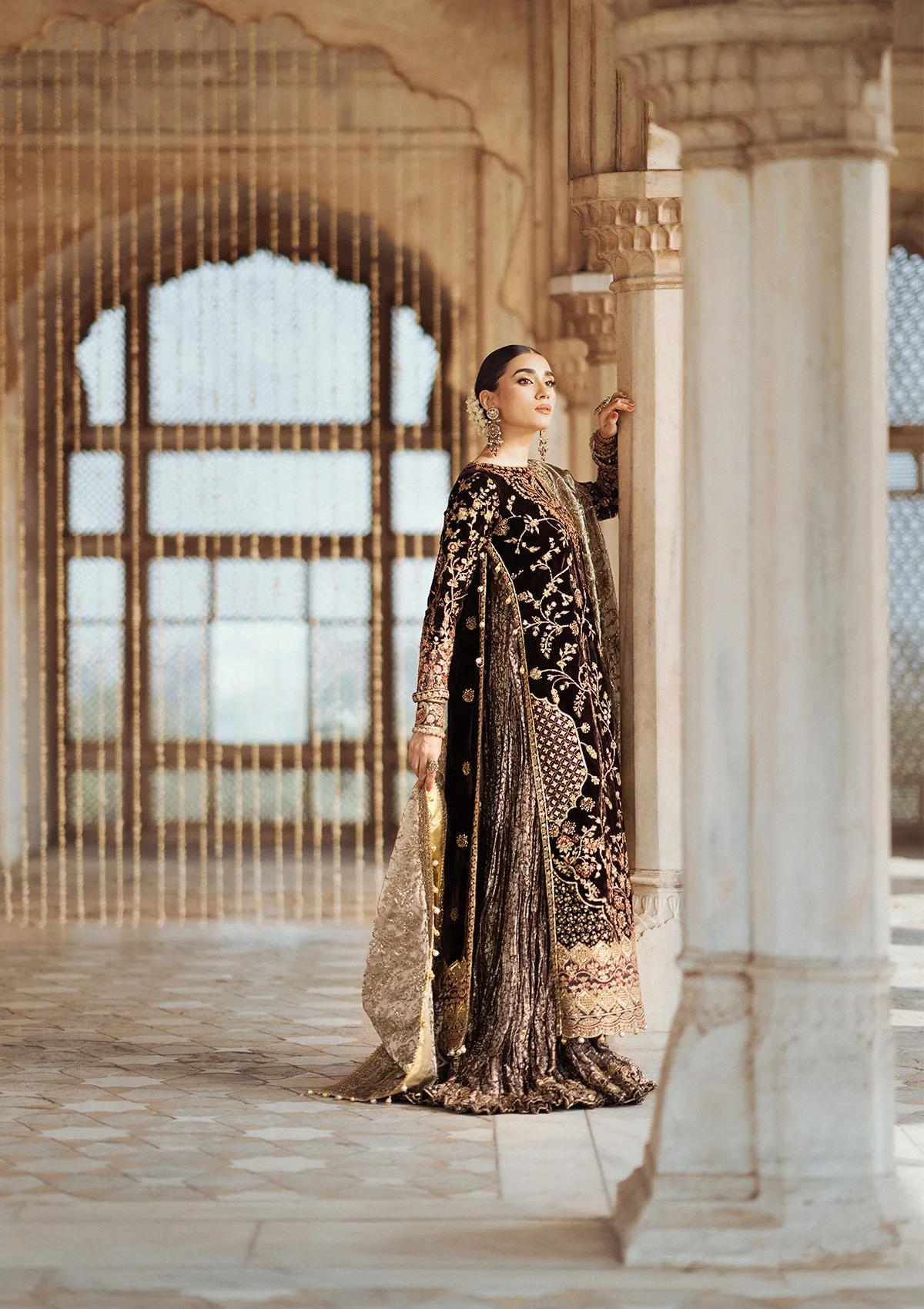 Classic Brown Velvet Pakistani Wedding Dress Kameez with Crushed Sharara