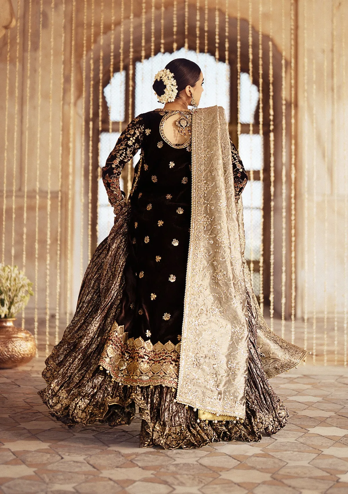 Classic Brown Velvet Pakistani Wedding Dress Kameez with Crushed Sharara
