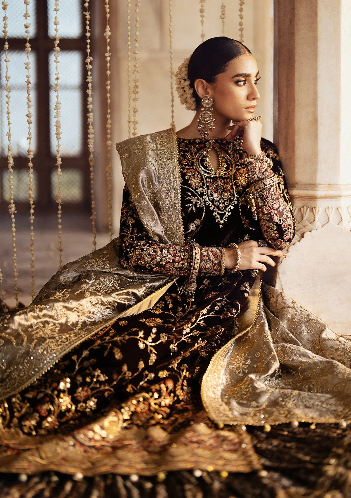 Classic Brown Velvet Pakistani Wedding Dress Kameez with Crushed Sharara