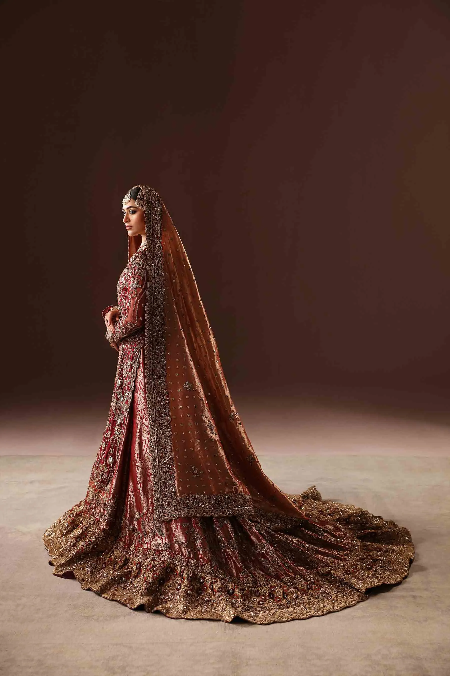 Classic Embroidered Scarlet Pakistani Bridal Dress in Farshi Lehenga Style