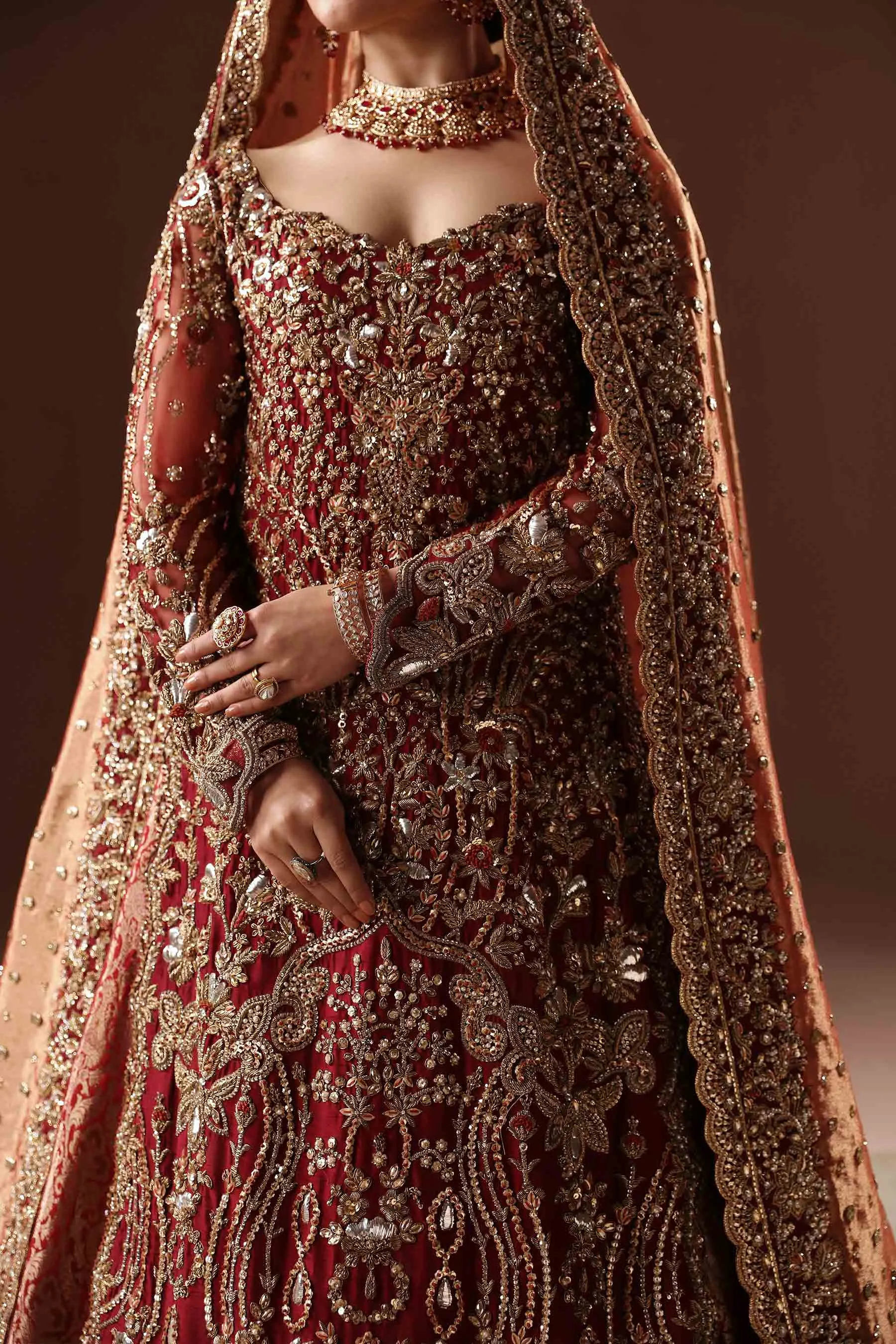 Classic Embroidered Scarlet Pakistani Bridal Dress in Farshi Lehenga Style