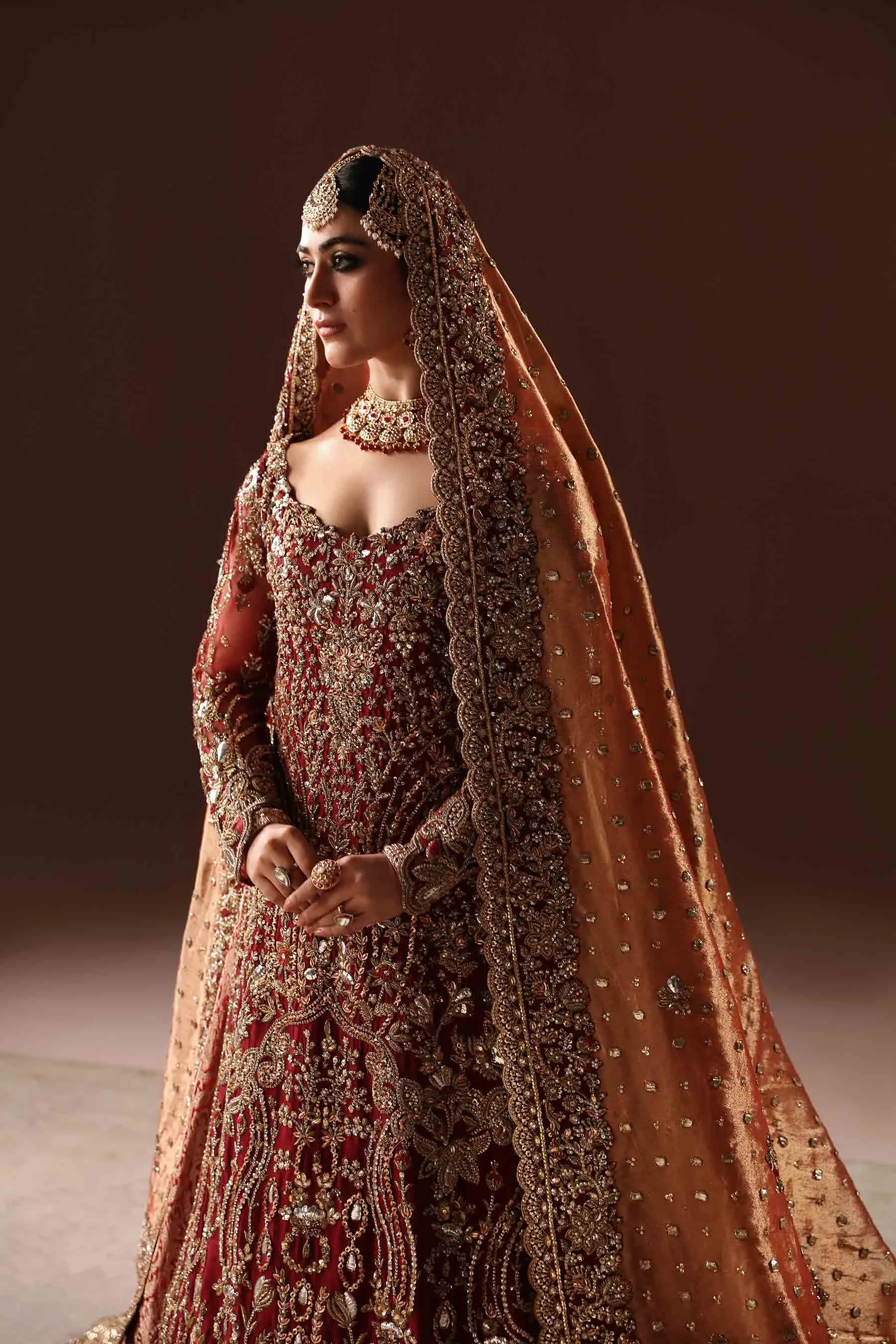Classic Embroidered Scarlet Pakistani Bridal Dress in Farshi Lehenga Style