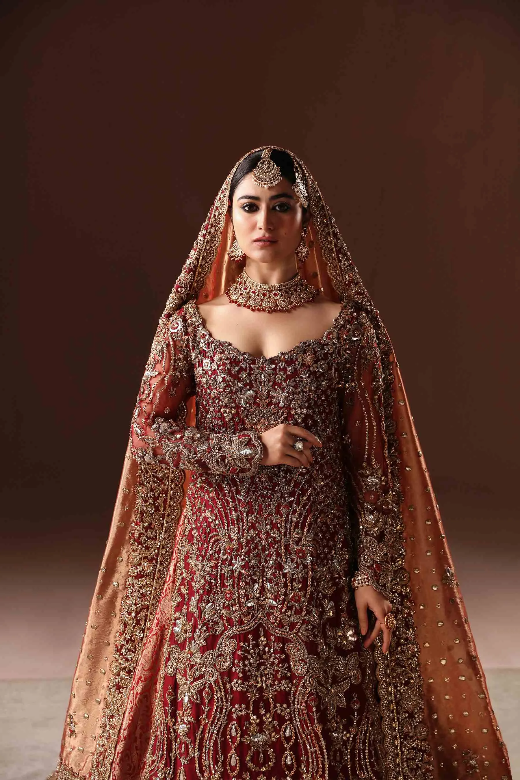 Classic Embroidered Scarlet Pakistani Bridal Dress in Farshi Lehenga Style