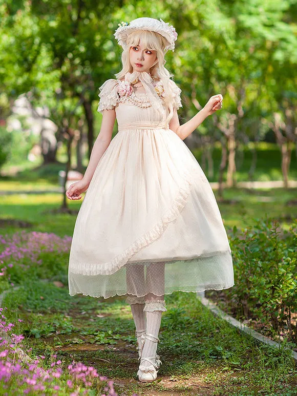 Classical Lolita Dress Bright Silk Chiffon Short Sleeves Light Apricot Dresses