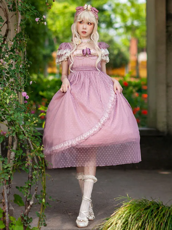 Classical Lolita Dress Bright Silk Chiffon Short Sleeves Light Apricot Dresses