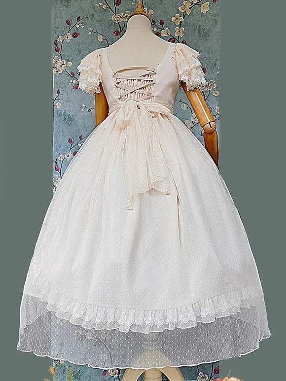 Classical Lolita Dress Bright Silk Chiffon Short Sleeves Light Apricot Dresses