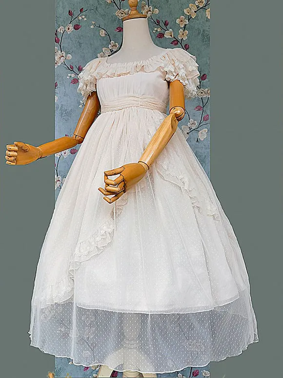 Classical Lolita Dress Bright Silk Chiffon Short Sleeves Light Apricot Dresses