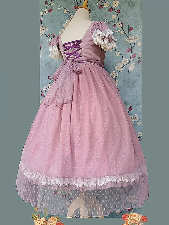 Classical Lolita Dress Bright Silk Chiffon Short Sleeves Light Apricot Dresses