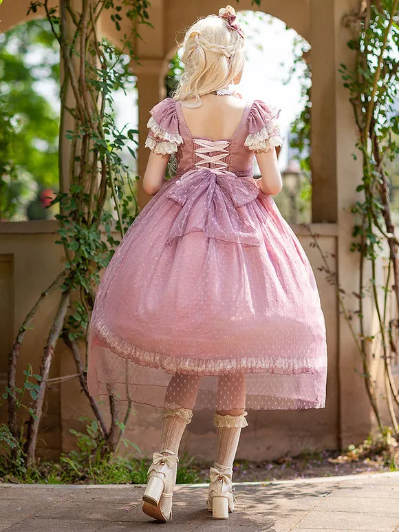 Classical Lolita Dress Bright Silk Chiffon Short Sleeves Light Apricot Dresses