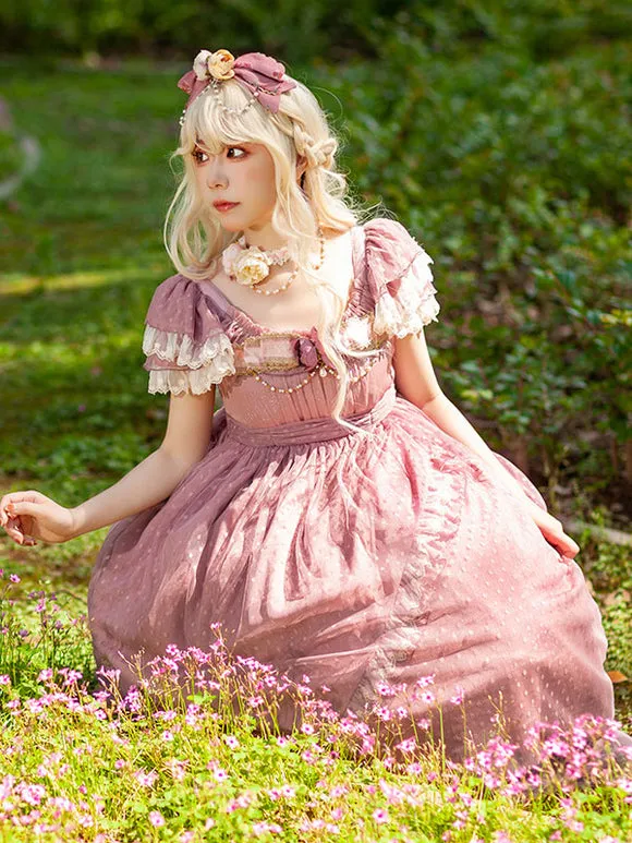 Classical Lolita Dress Bright Silk Chiffon Short Sleeves Light Apricot Dresses