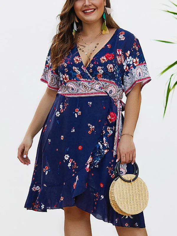 Cotton Printed Ruffled Plus Size Dress