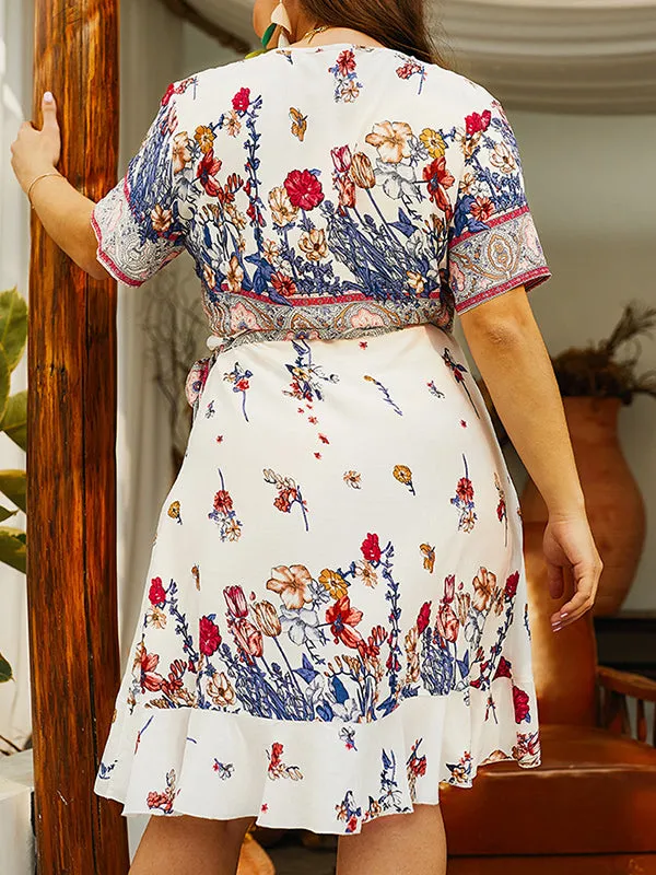 Cotton Printed Ruffled Plus Size Dress