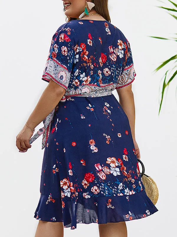 Cotton Printed Ruffled Plus Size Dress