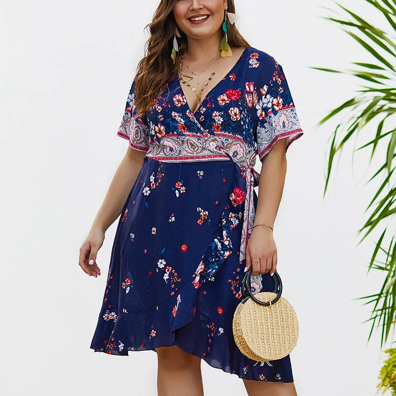Cotton Printed Ruffled Plus Size Dress
