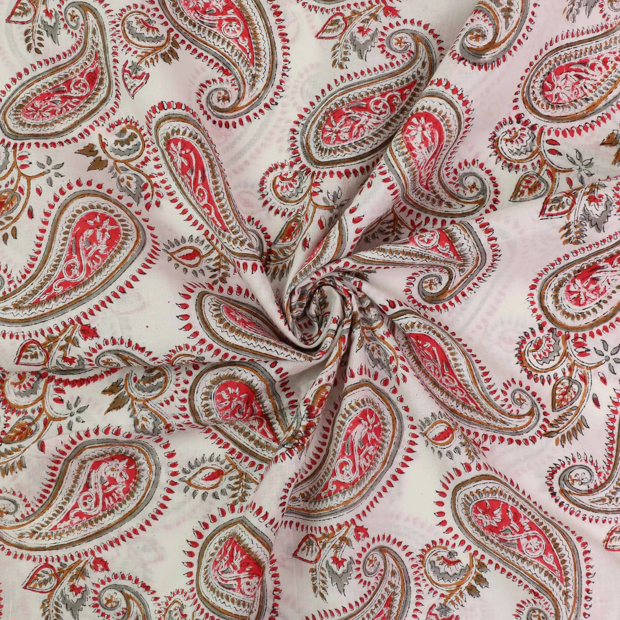 Cotton Voile - Hand block print - White, red