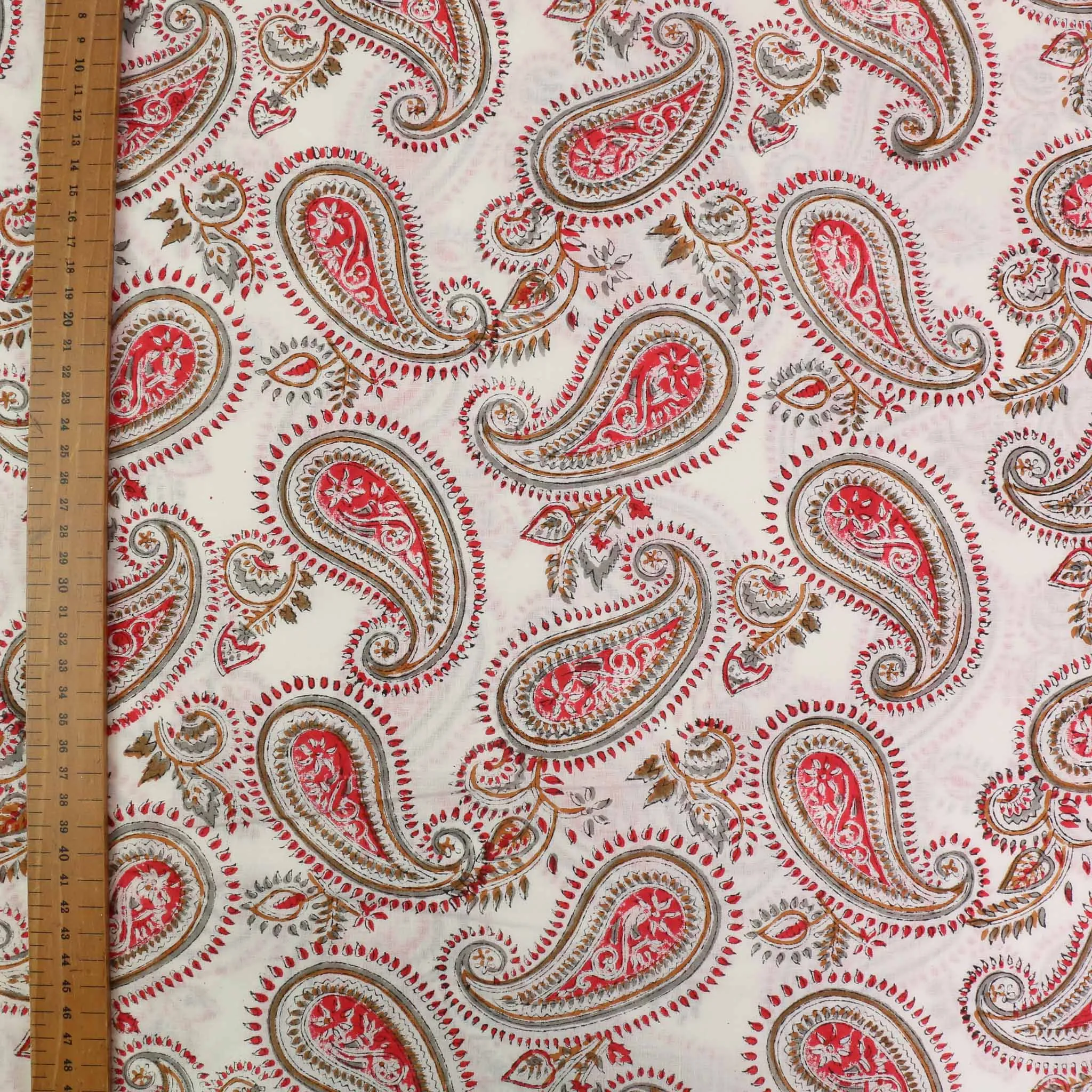 Cotton Voile - Hand block print - White, red