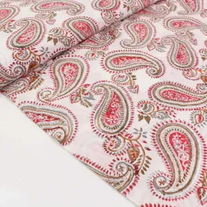 Cotton Voile - Hand block print - White, red