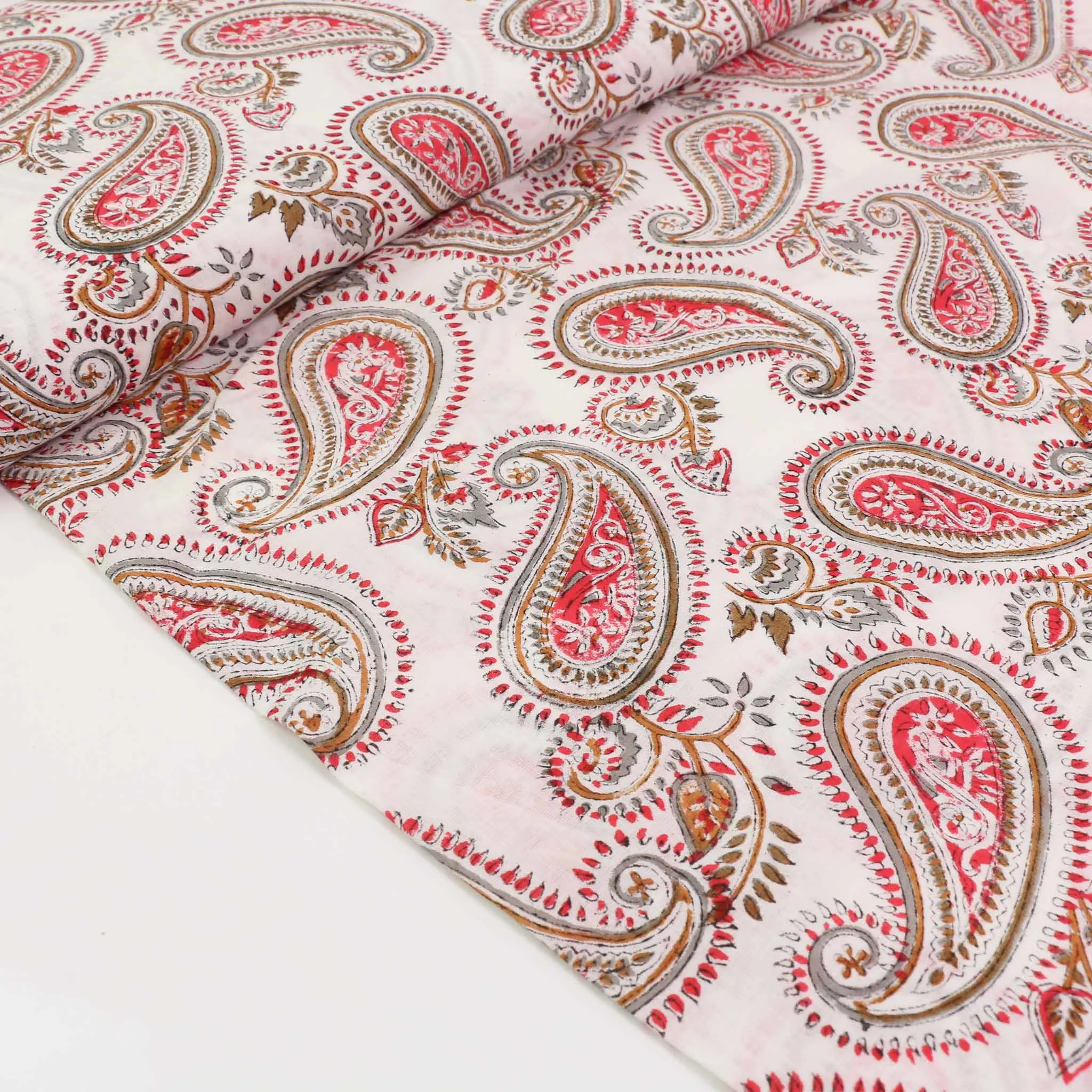 Cotton Voile - Hand block print - White, red