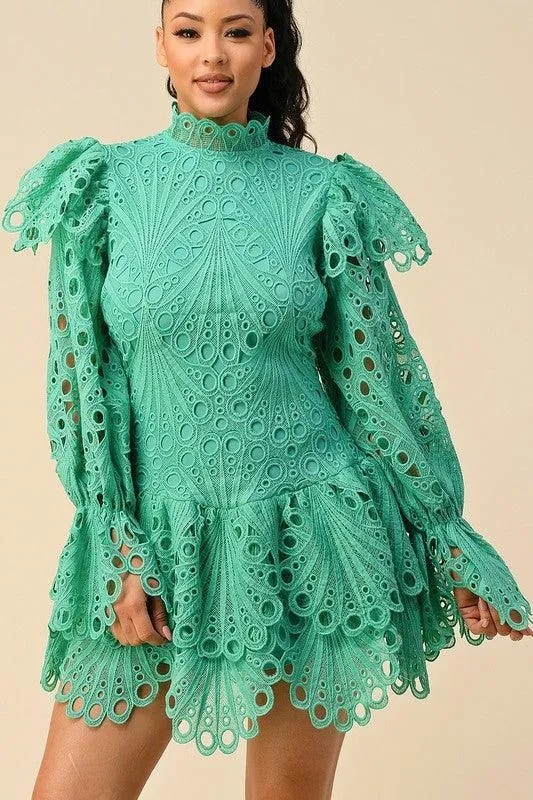 CROCHET LACE WITH BELL SLEEVE DETAILED DRESS