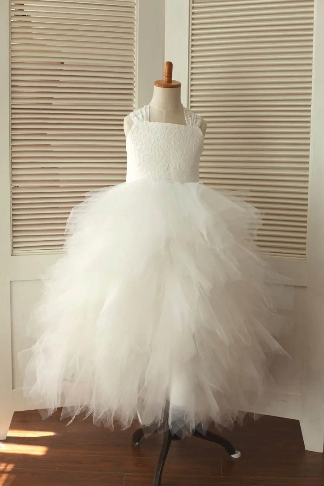 Cross Back Ivory Lace Ruffle Tulle Skirt Flower Girl Dress, big bow