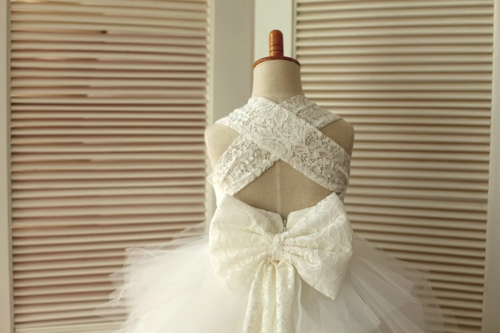 Cross Back Ivory Lace Ruffle Tulle Skirt Flower Girl Dress, big bow