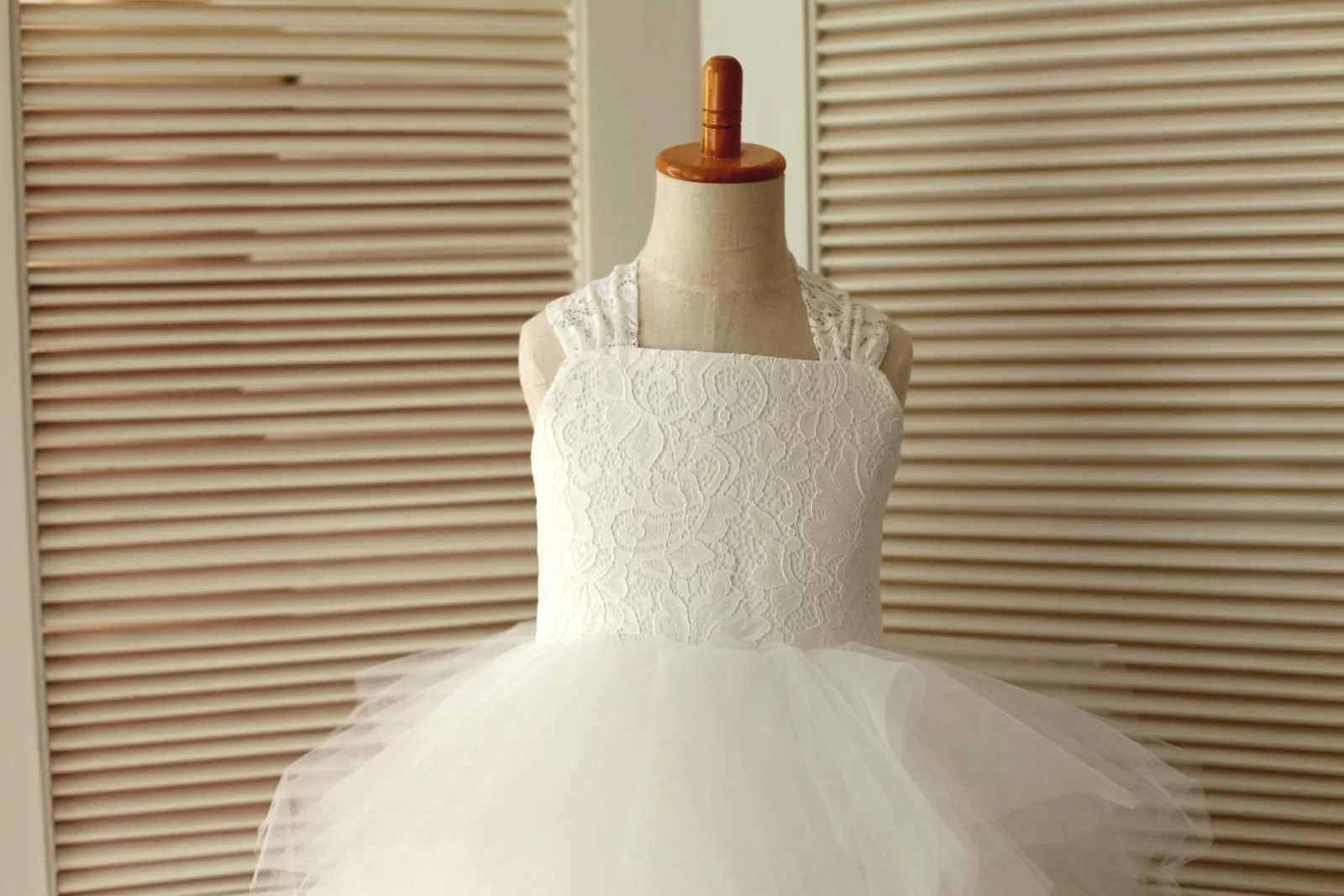 Cross Back Ivory Lace Ruffle Tulle Skirt Flower Girl Dress, big bow