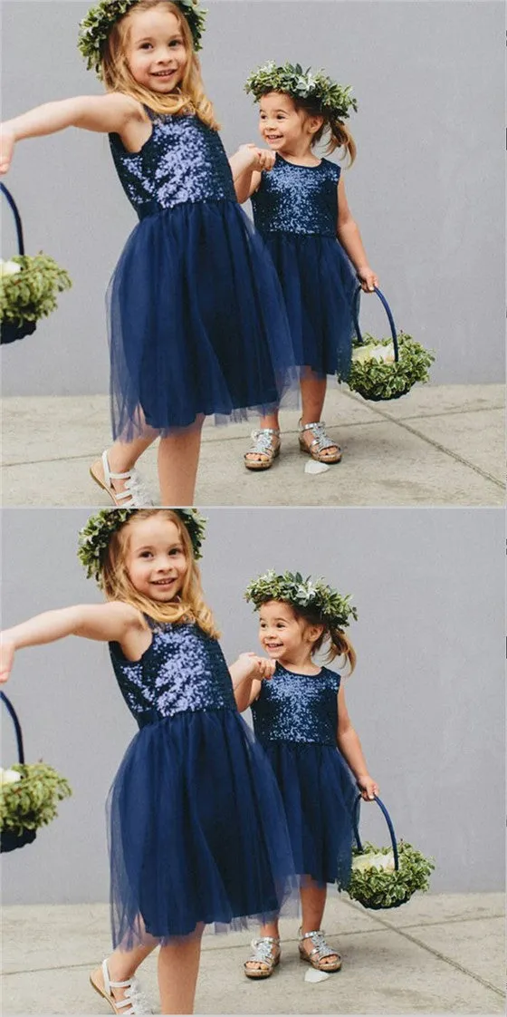 Cute A-Line Round Neck Navy Blue Tulle Flower Girl Dresses with Sequins, TYP1155