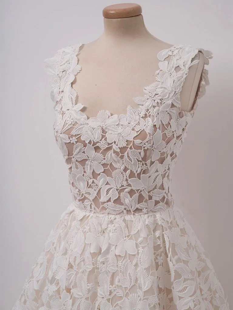 Cute Ivory Lace Short Prom Dresses, White Lace Homecoming Graduation Evening Dresses