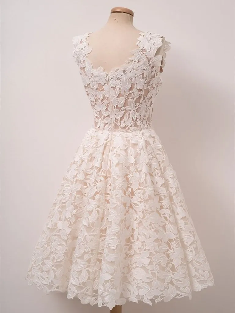 Cute Ivory Lace Short Prom Dresses, White Lace Homecoming Graduation Evening Dresses