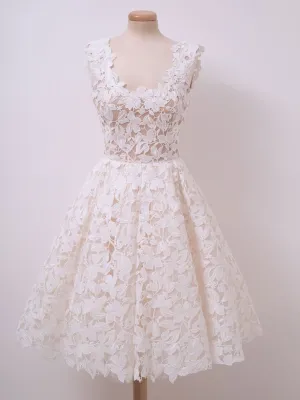 Cute Ivory Lace Short Prom Dresses, White Lace Homecoming Graduation Evening Dresses