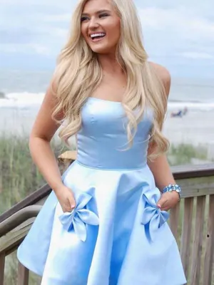 Cute Short Light Blue Satin Prom Homecoming Dresses with Pocket， Short Blue Satin Formal Graduation Dresses