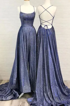 Cute Sparkly Cross Back Navy Blue Long Prom Dresses with Pockets,Split Evening Dresses,MP470
