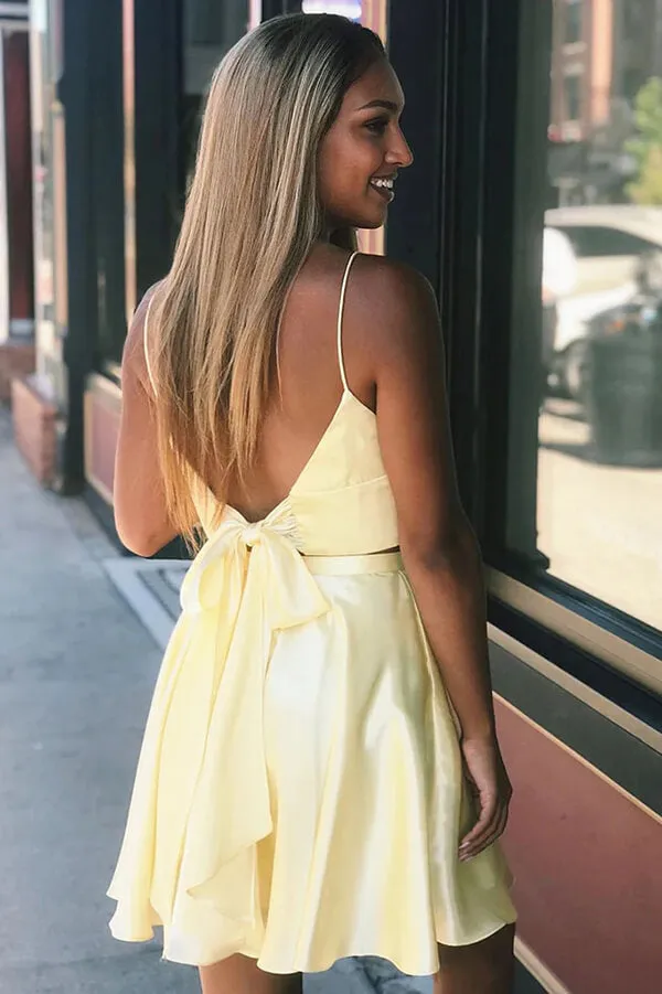 Cute Yellow Satin A-line V-neck Two Pieces Short Homecoming Dresses, MH565