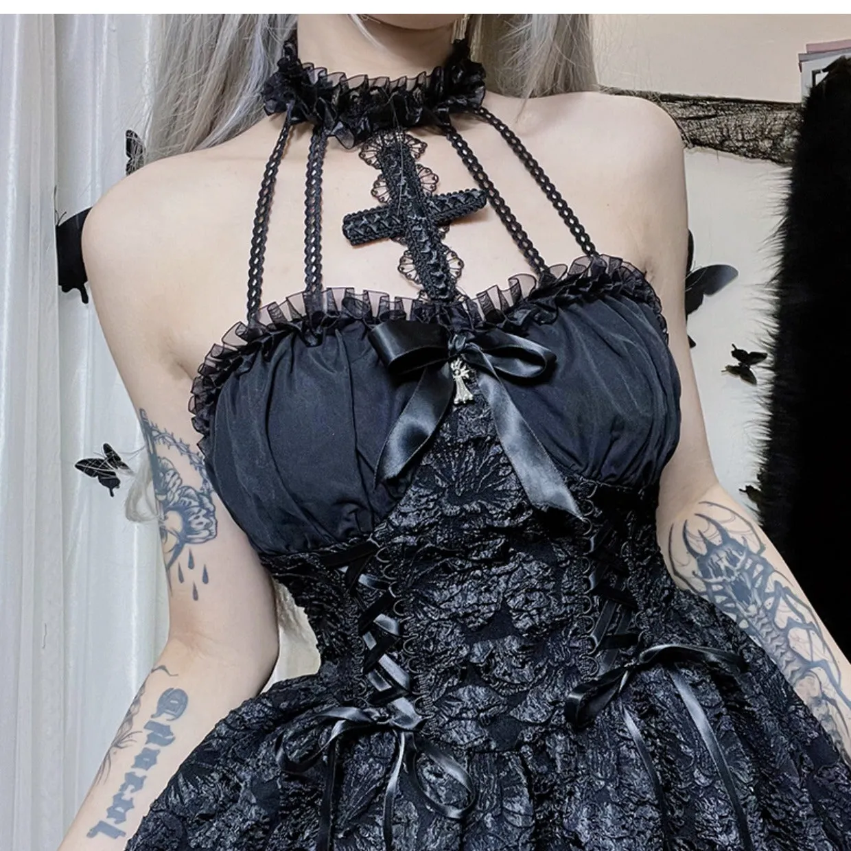 Dark Cross Lace Dress yc50168