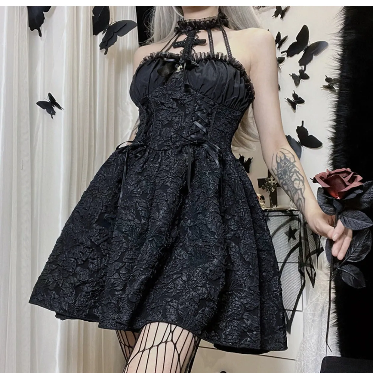 Dark Cross Lace Dress yc50168