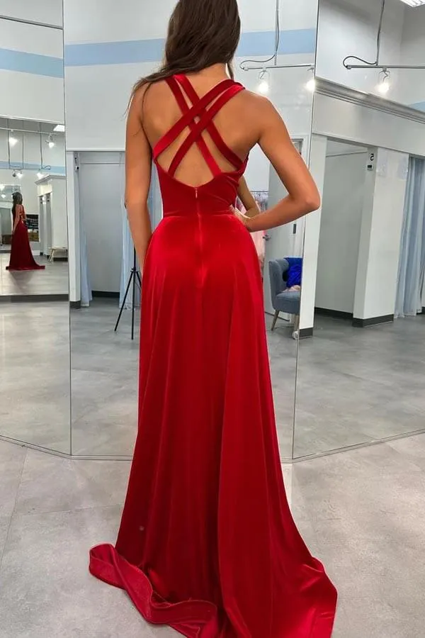 Dark Red Velvet A-line V-neck Rhinestone Straps Prom Dresses With Slit, MP939