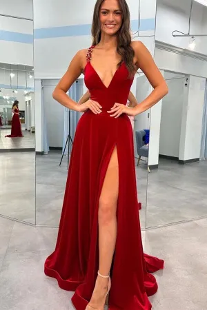 Dark Red Velvet A-line V-neck Rhinestone Straps Prom Dresses With Slit, MP939