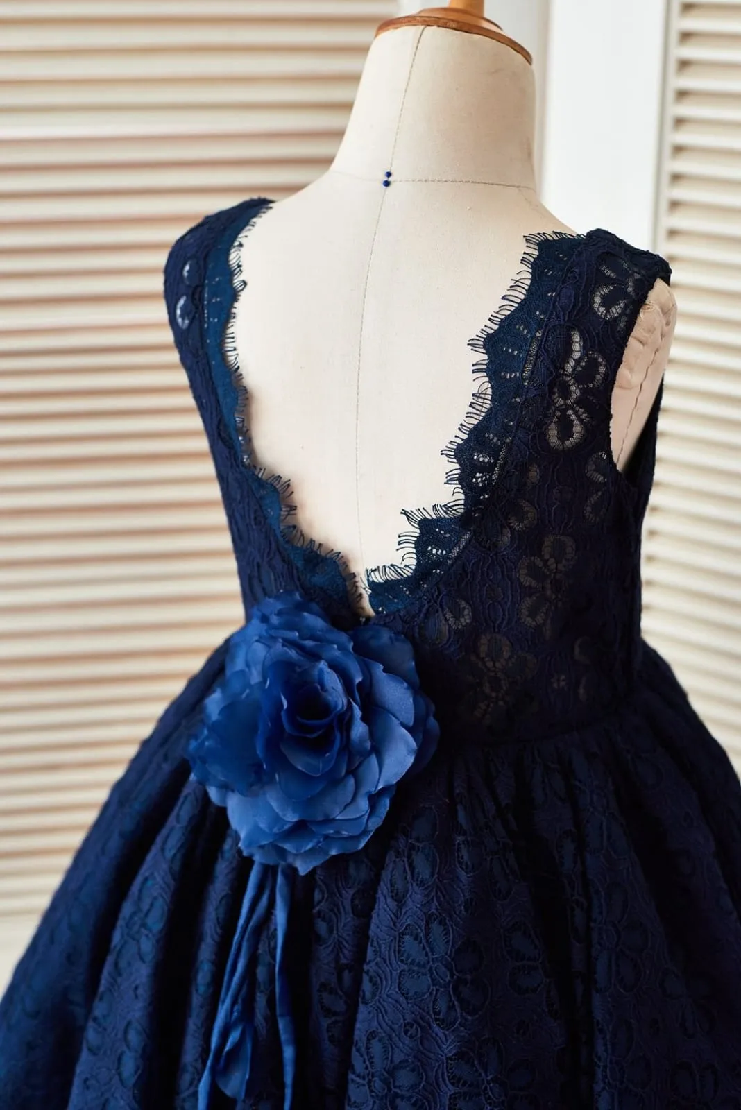Deep V Back Navy Blue Lace Wedding Flower Girl Dress, Flower
