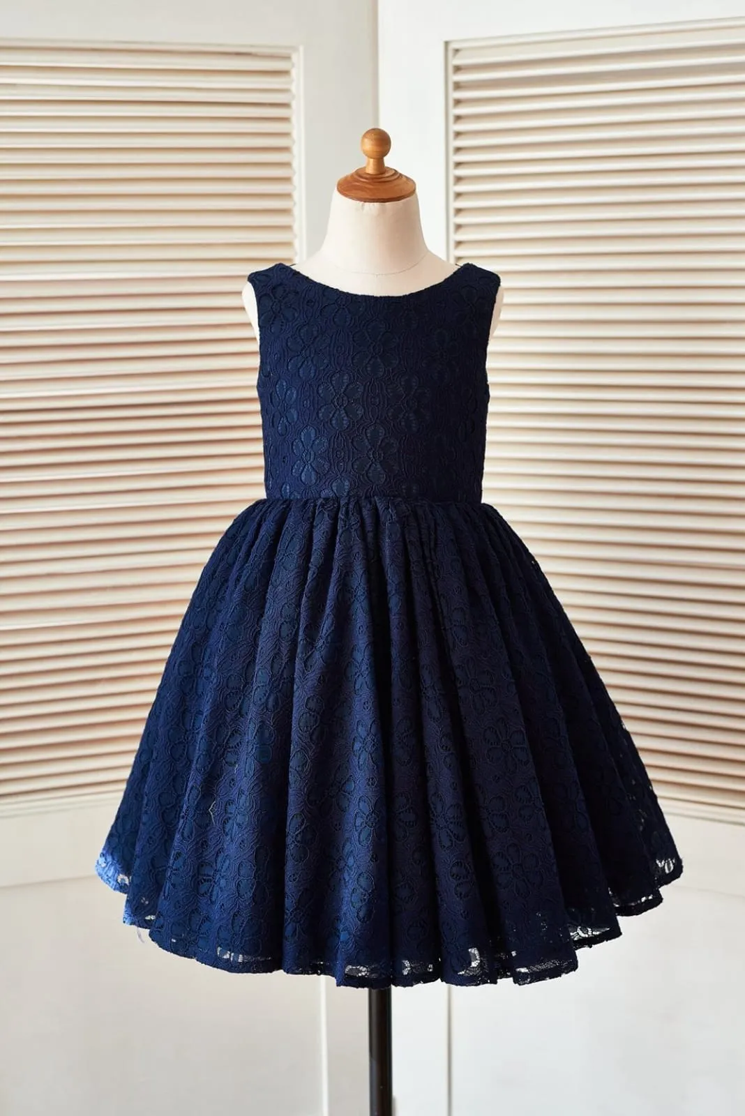 Deep V Back Navy Blue Lace Wedding Flower Girl Dress, Flower