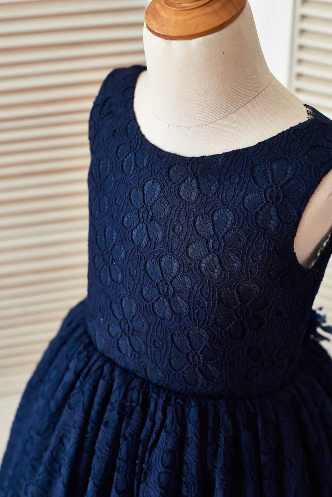 Deep V Back Navy Blue Lace Wedding Flower Girl Dress, Flower