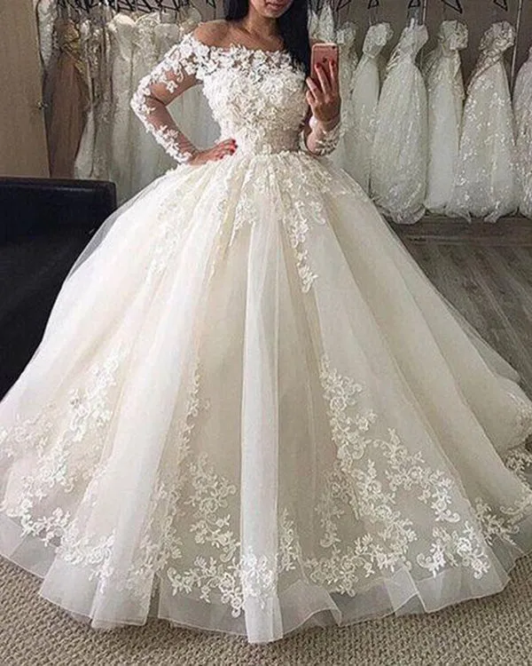 Delicate Lace Tulle Wedding Dress Ball Gown Floral Appliques Long Sleeve Princess Bridal Gowns