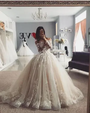 Delicate Lace Tulle Wedding Dress Ball Gown Floral Appliques Long Sleeve Princess Bridal Gowns